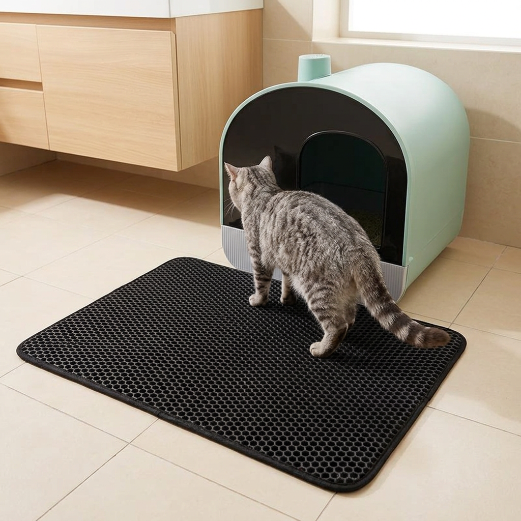Tapis litière chat noir avec un chat tigré entrant dans son bac dans une salle de bains. 