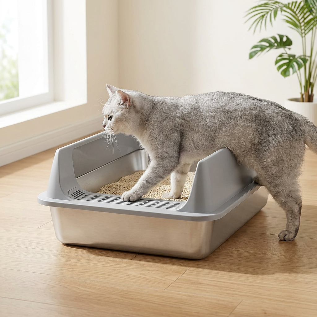 Bac à litière chat avec rebords gris, chat gris franchissant le rebord latéral.
