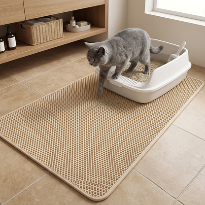 tapis litière chat chat gris entrant dans sa litière, tapis beige dans une salle de bains
