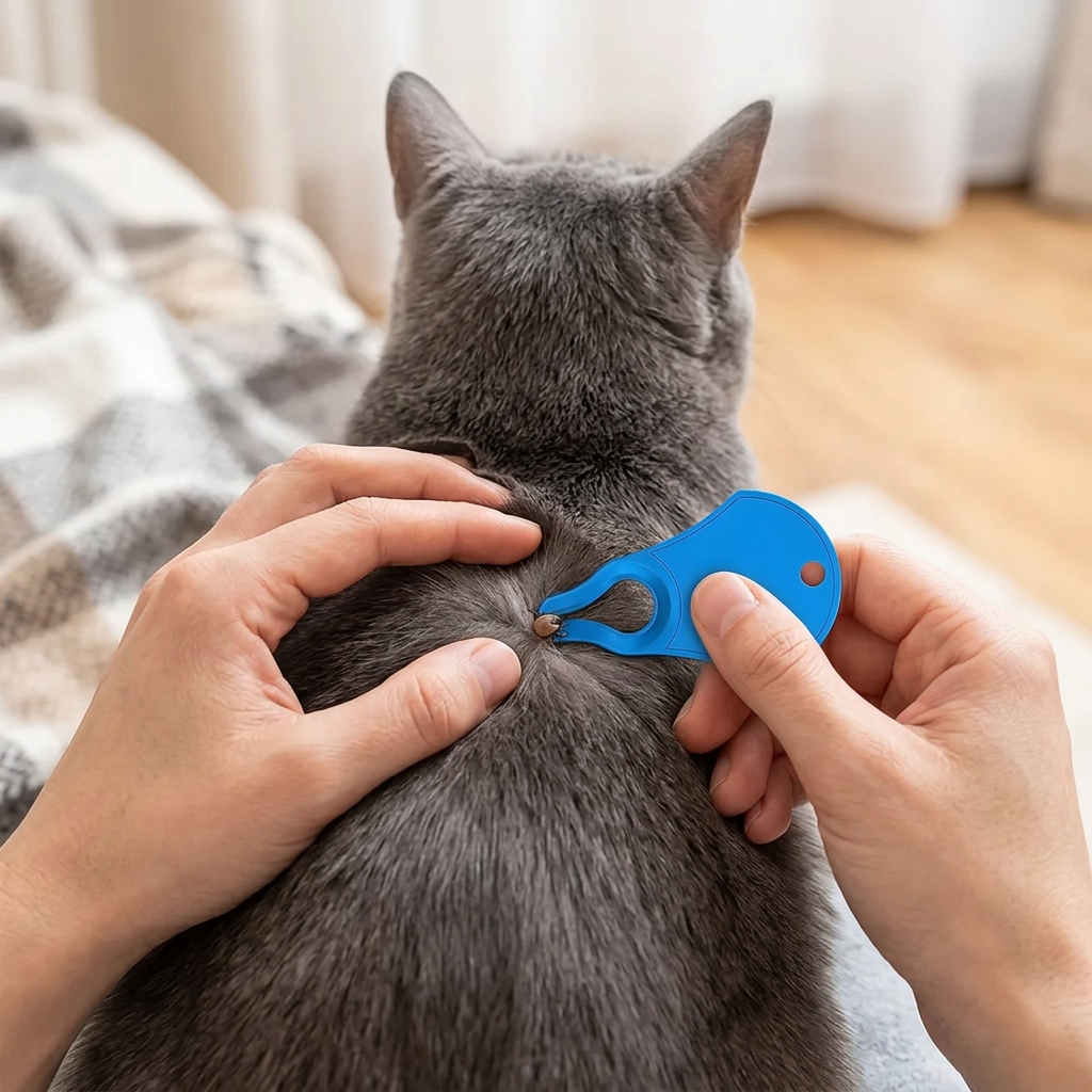 Chat gris, retrait d’une tique sur le dos
