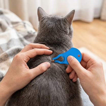 Chat gris, retrait d’une tique sur le dos