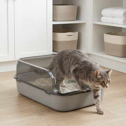 Bac à litière pour chat gris à entrée basse, avec un chat gris qui en sort dans une buanderie lumineuse.