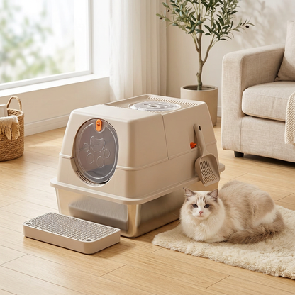 maison de toilette pour chat beige avec un chat crème et blanc couché sur un tapis à côté du bac.
