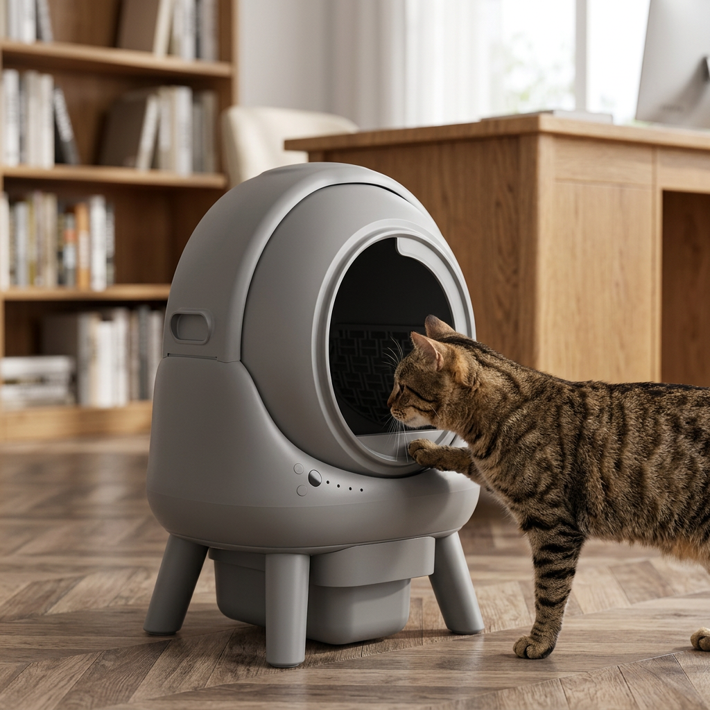 litière autonettoyante grise avec un chat tigré posant une patte sur le rebord de l’entrée, dans un bureau avec une bibliothèque.