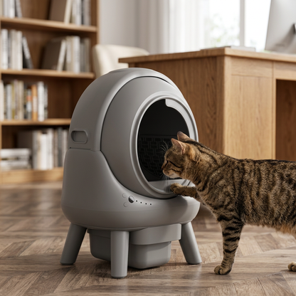 litière autonettoyante grise avec un chat tigré posant une patte sur le rebord de l’entrée, dans un bureau avec une bibliothèque.