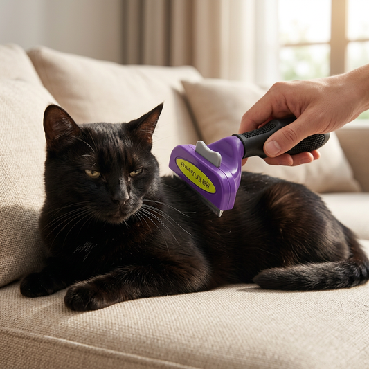 Brosse pour chat violette à manche noir, utilisée sur un chat noir allongé sur un canapé beige.