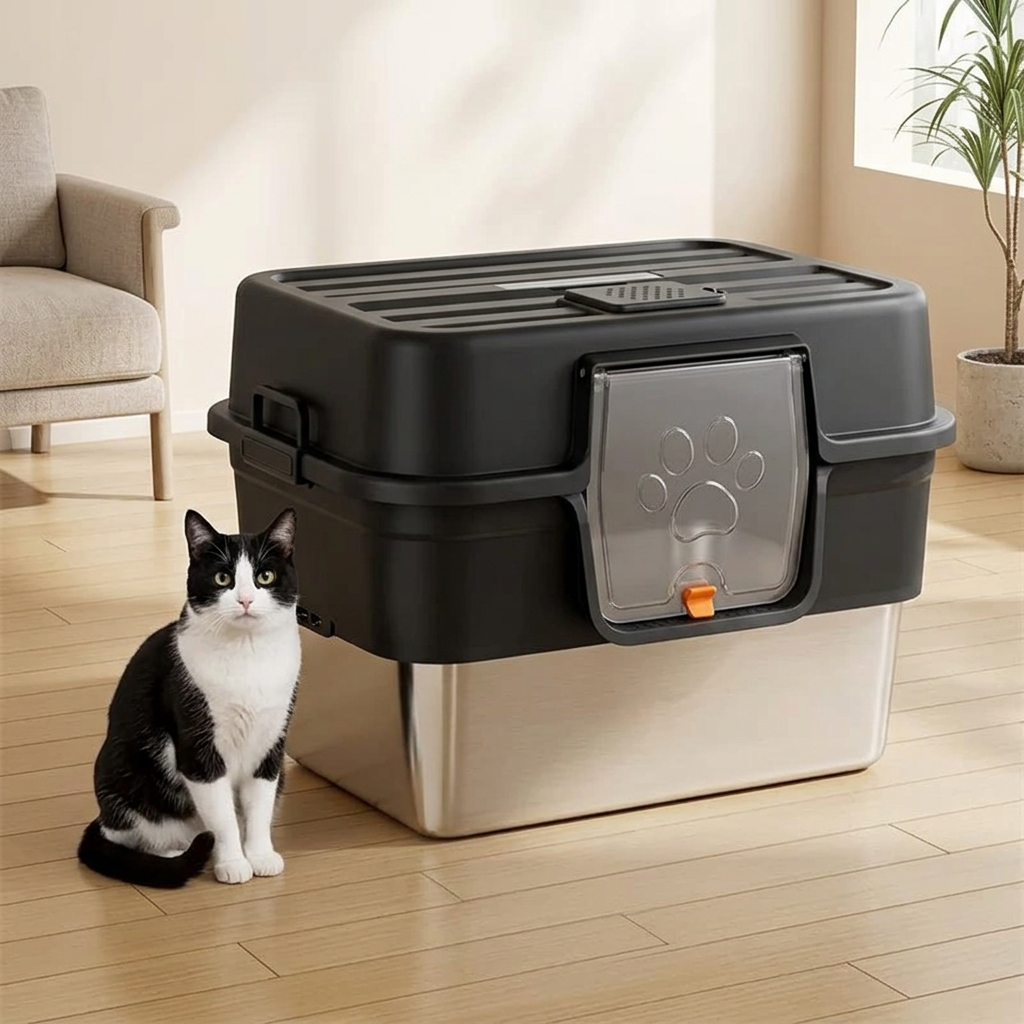  maison de toilette pour chat noire avec bac métallique et chat noir et blanc assis à côté sur un parquet clair.