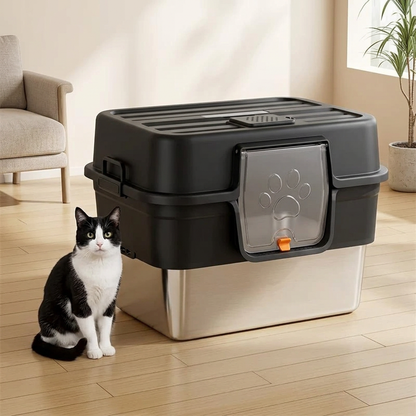  maison de toilette pour chat noire avec bac métallique et chat noir et blanc assis à côté sur un parquet clair.