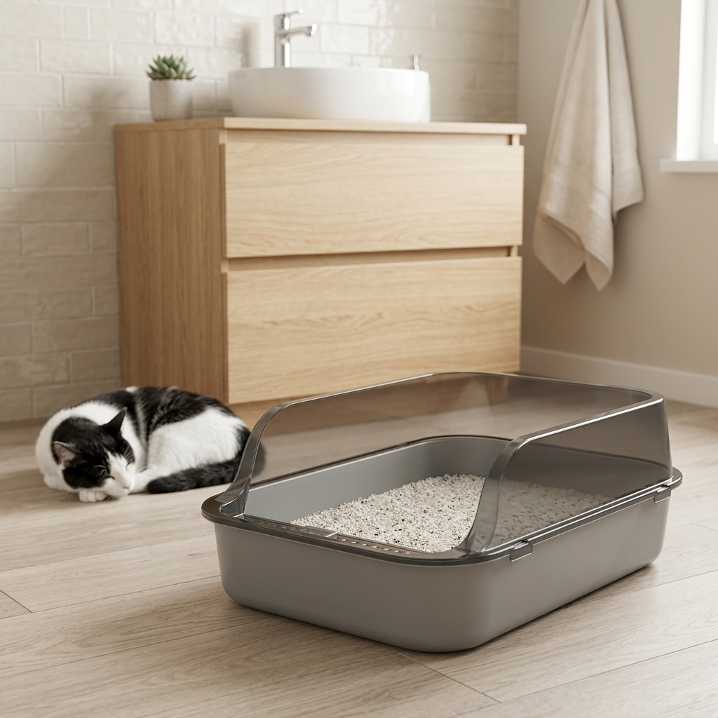 Bac à litière pour chat gris à parois translucides, avec un chat noir et blanc couché à côté dans une salle de bains.