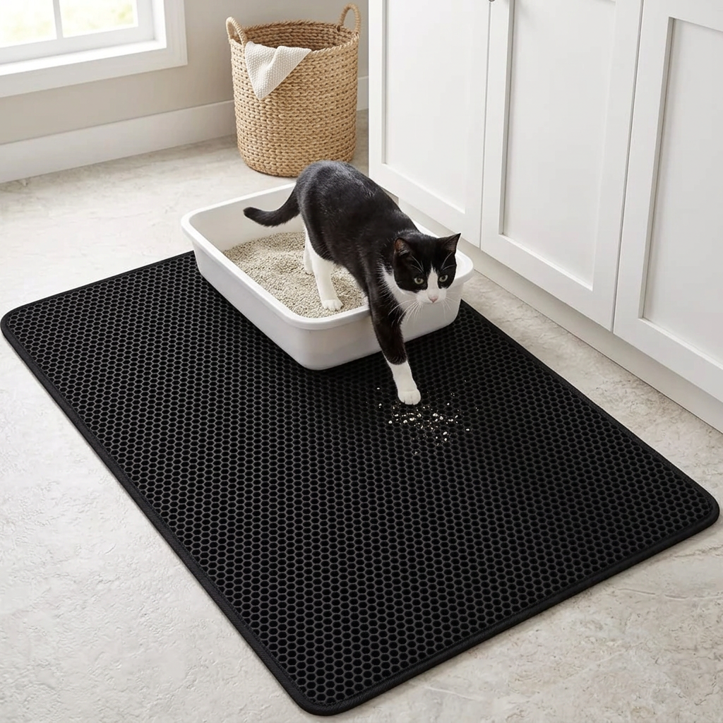 tapis litière chat chat noir et blanc sortant de sa litière, tapis noir dans une buanderie