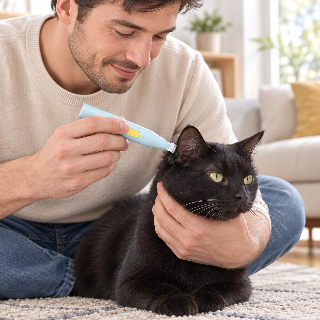 Chat noir et son maître dans le salon