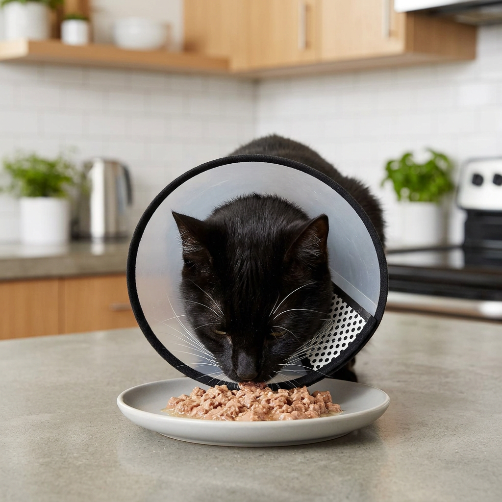 Collerette chat transparente à bord noir, portée par un chat noir qui mange de la pâtée dans une cuisine.