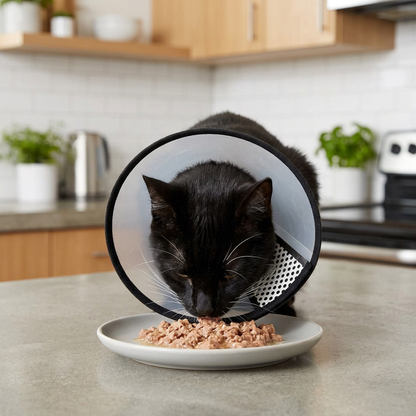 Collerette chat transparente à bord noir, portée par un chat noir qui mange de la pâtée dans une cuisine.