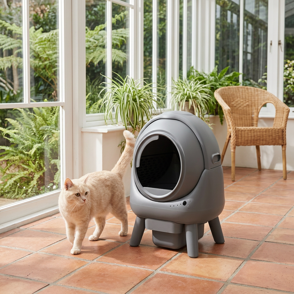  litière autonettoyante grise avec un chat crème debout à côté, dans une véranda lumineuse au sol en terre cuite.
