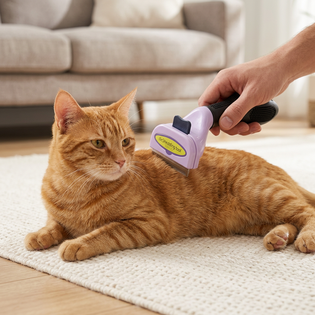Brosse pour chat lavande à manche noir, utilisée sur un chat roux allongé sur un tapis clair.