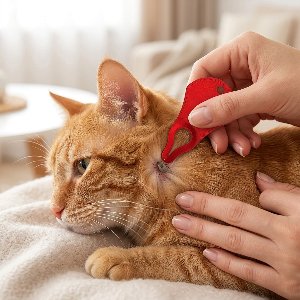 Chat roux, retrait d’une tique dans le cou