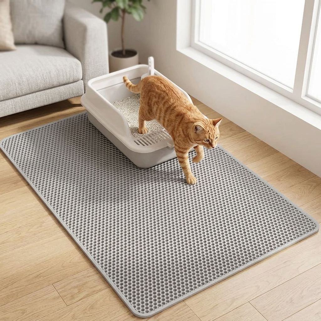 tapis litière chat chat roux sortant de sa litière dans un salon lumineux