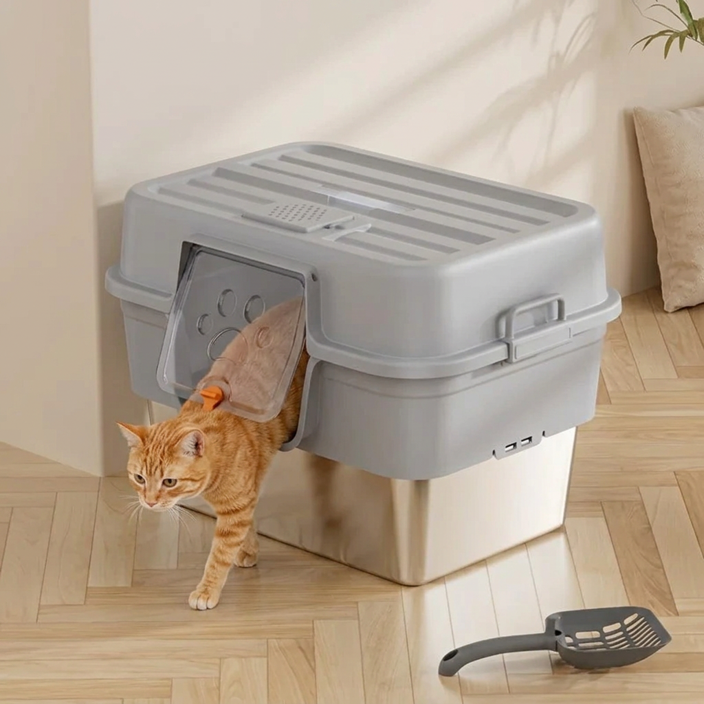 maison de toilette pour chat grise avec bac métallique et chat roux sortant par la porte battante transparente. 