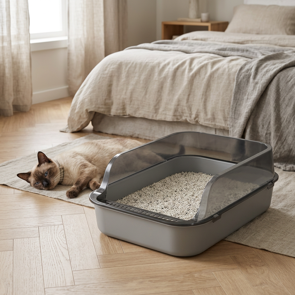 Bac à litière pour chat gris à parois translucides, avec un chat siamois couché à côté dans une chambre.