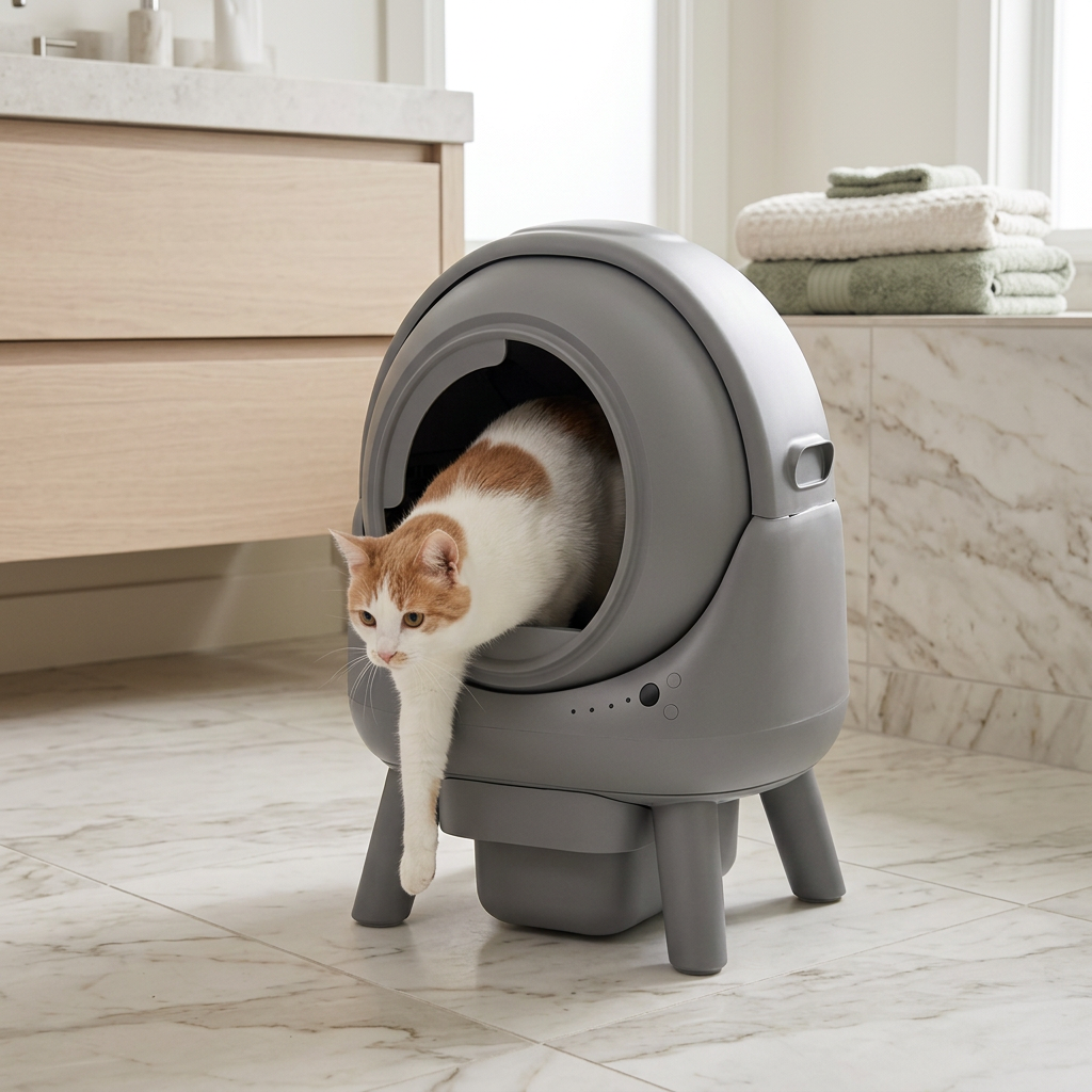 litière autonettoyante grise avec un chat roux et blanc qui sort, dans une salle de bains au carrelage clair.