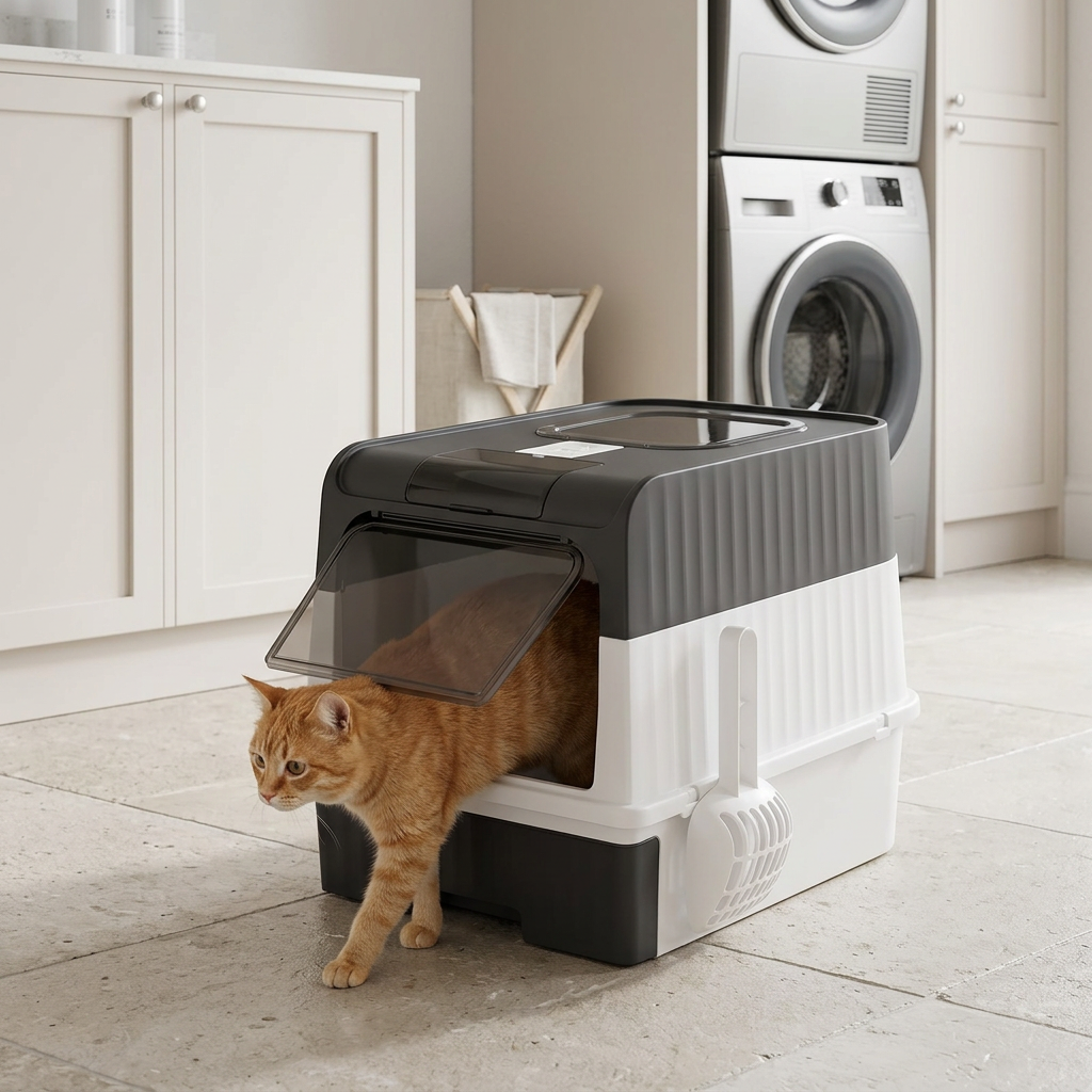 Maison de toilette pour chat avec un chat roux qui sort par la porte
