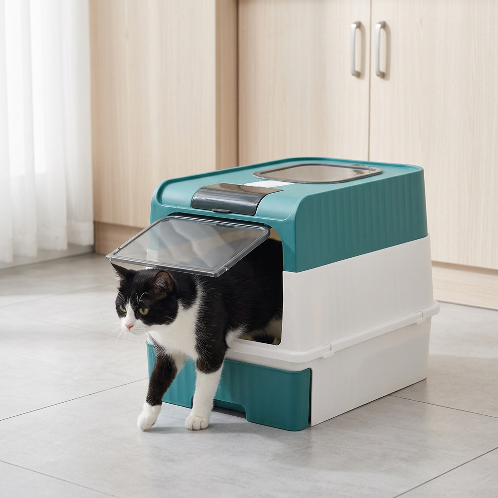 Maison de toilette pour chat vert avec chat noir et blanc qui en sort 