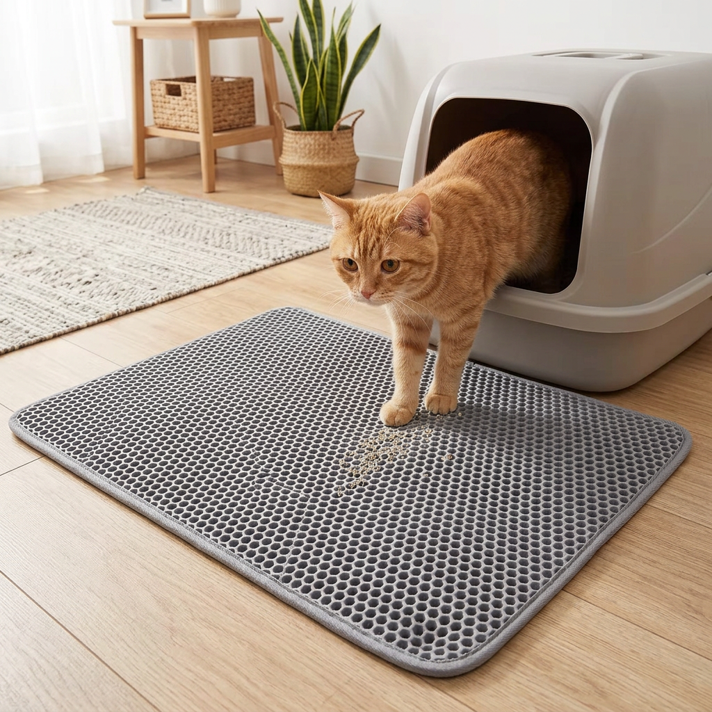 Tapis litière chat gris avec un chat roux sortant de son bac dans un salon lumineux. 