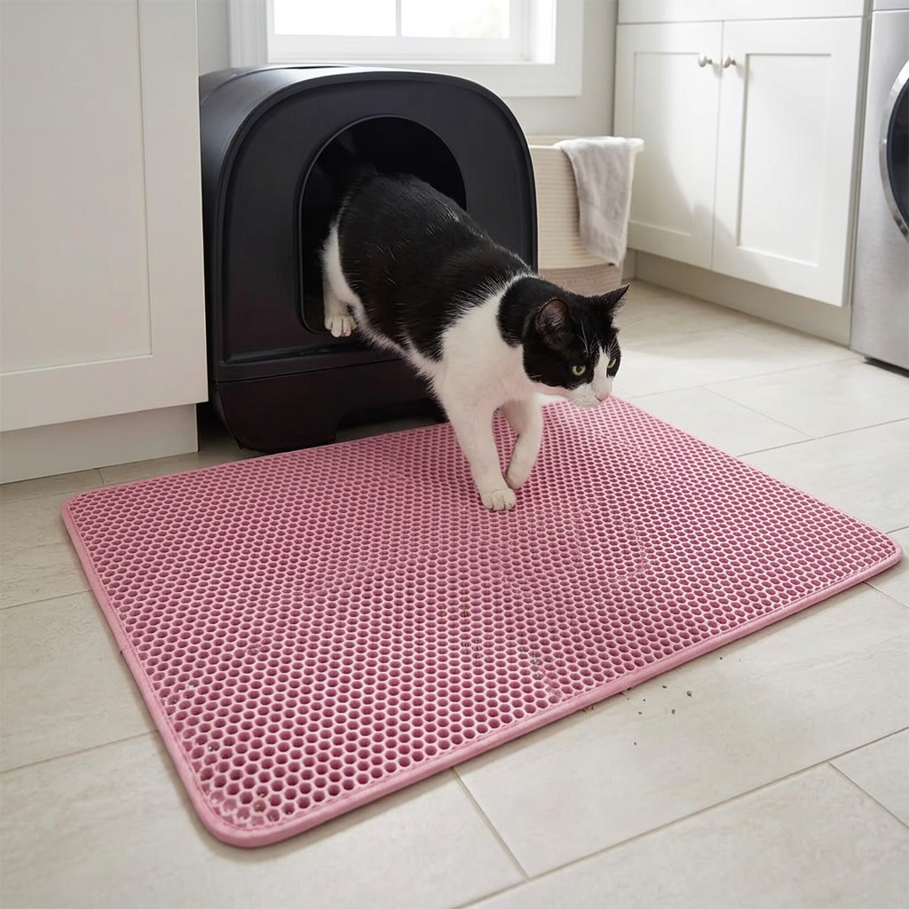 Tapis litière chat rose avec un chat noir et blanc sortant de son bac dans une buanderie.