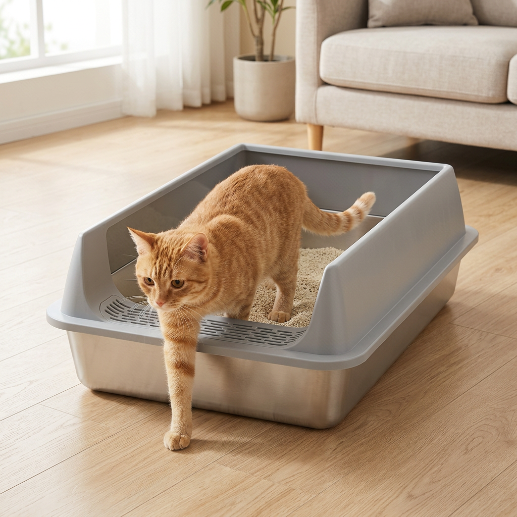 Bac à litière chat avec rebords gris, chat roux sortant du bac sur un parquet clair.