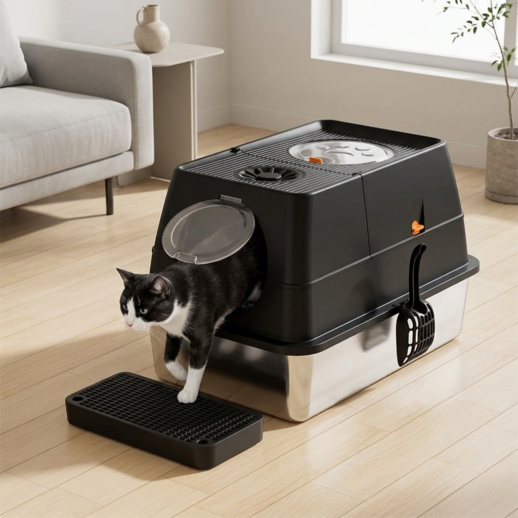 maison de toilette pour chat noire avec un chat noir et blanc sortant par la porte ronde vers le marchepied grillagé.