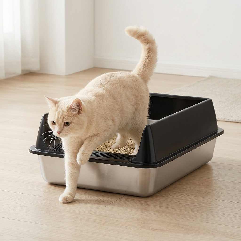 Bac à litière chat avec rebords noirs, chat crème sortant du bac
