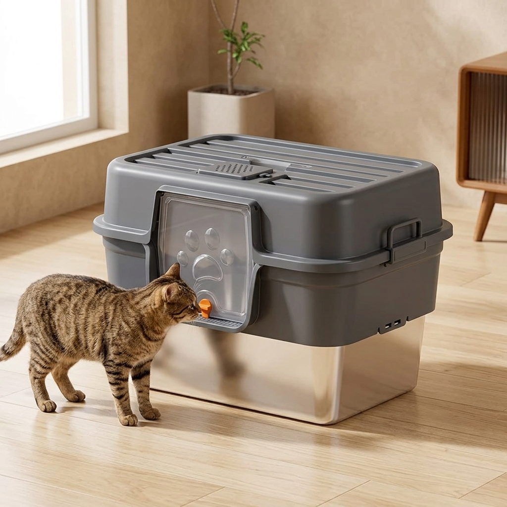 maison de toilette pour chat gris foncé avec un chat tigré debout à côté