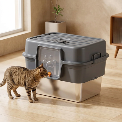 maison de toilette pour chat gris foncé avec un chat tigré debout à côté