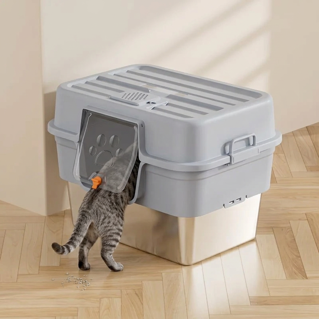 maison de toilette pour chat gris clair avec un chat tigré vu de dos entrant par la porte battante.