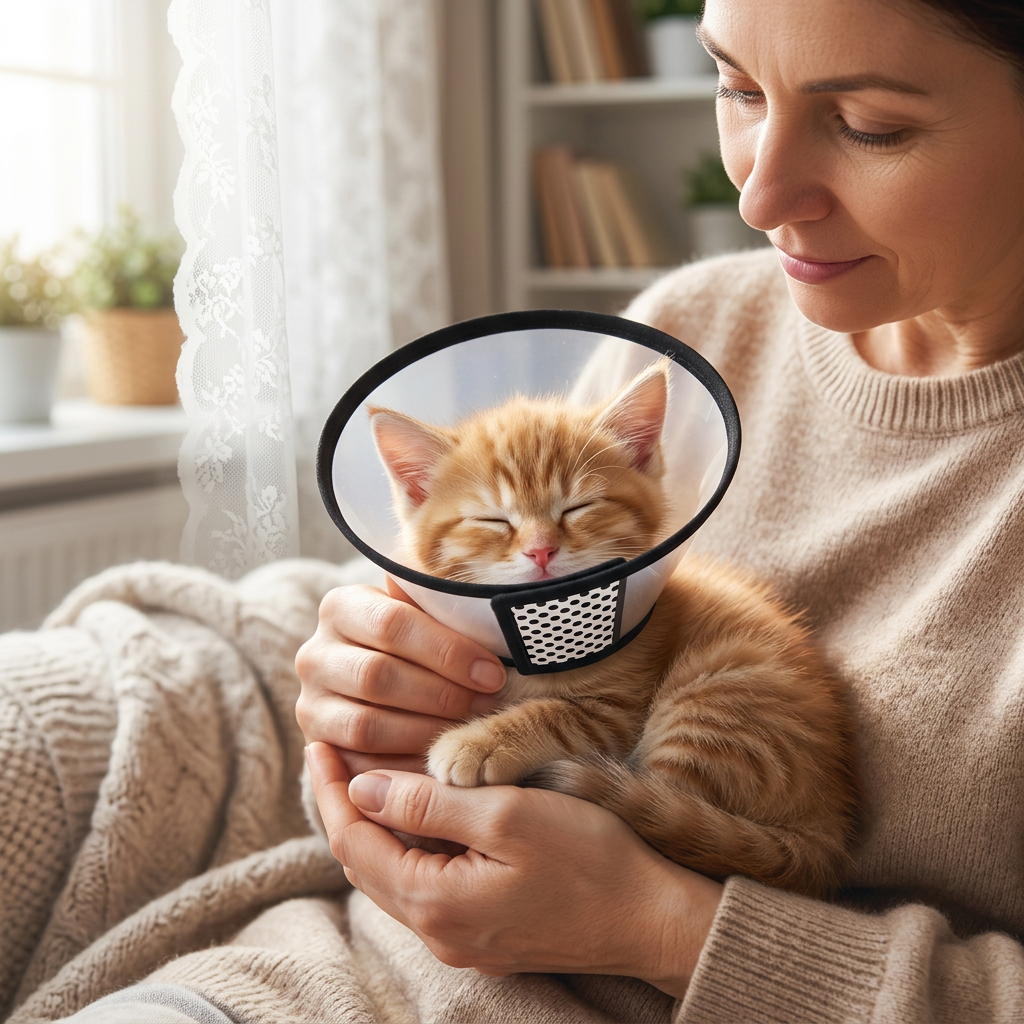 Collerette chat transparente à bord noir, portée par un chaton roux endormi dans les bras d’une femme.