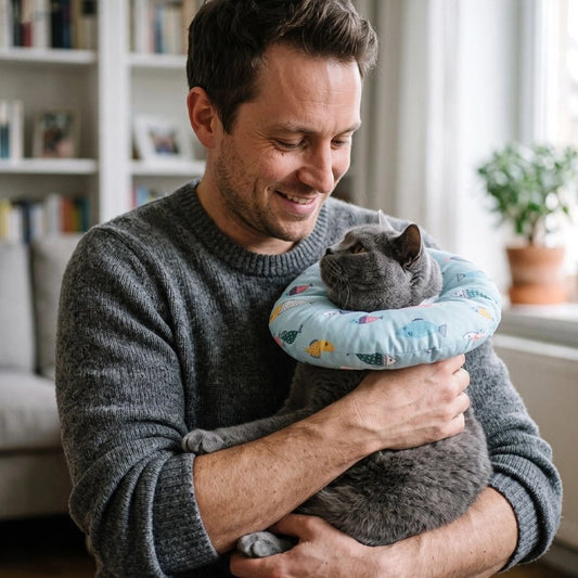 Collerette Chat bleu chat dans les bras de son maître 