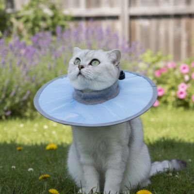 Collerette chat bleu chat dehors dans le jardin 