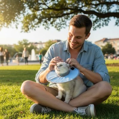 Collerette chat bleu chat sur la pelouse avec son propriétaire 