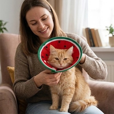 Collerette Chat pastèque propriétaire et son chat roux 