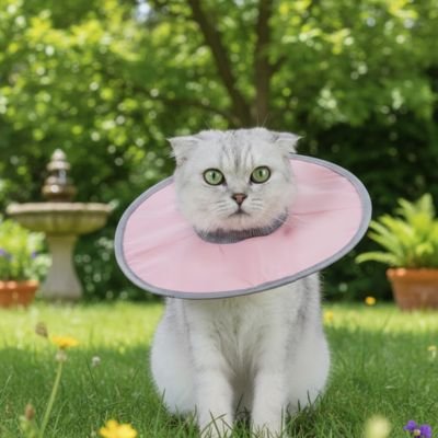 Collerette chat rose chat blanc calme dehors 