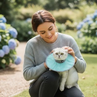 Collerette chat vert confortable dehors avec sa propriétaire 