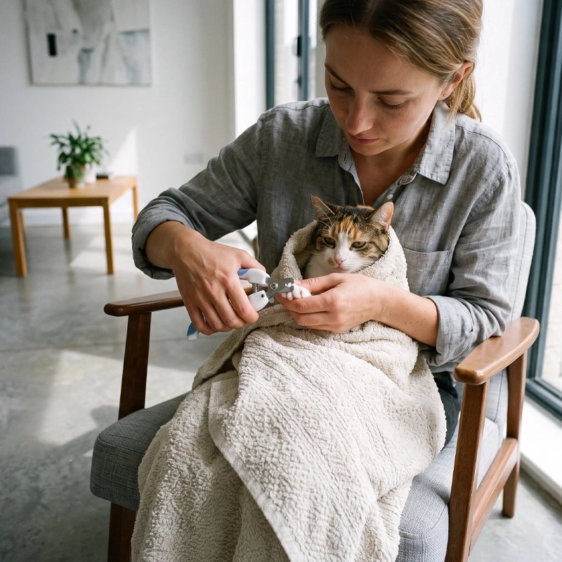 Coupe griffe Chat chat se fait couper les griffes par son maître après son bain 
