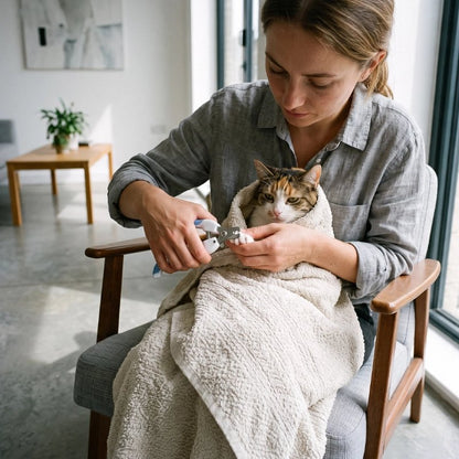 Coupe griffe Chat chat se fait couper les griffes par son maître après son bain 