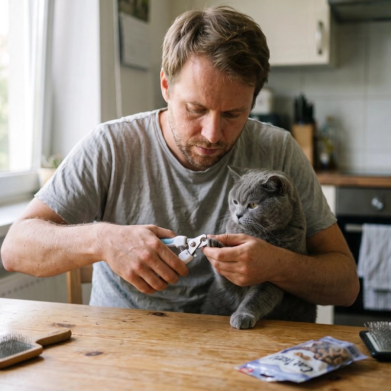 Coupe griffe Chat chat se fait couper les griffes par son maître dans la cuisine