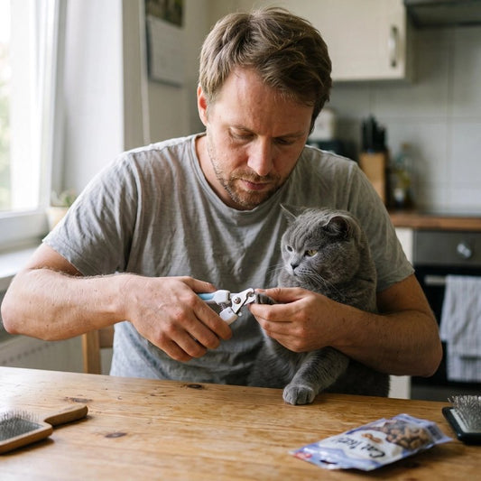 Coupe griffe Chat chat se fait couper les griffes par son maître dans la cuisine