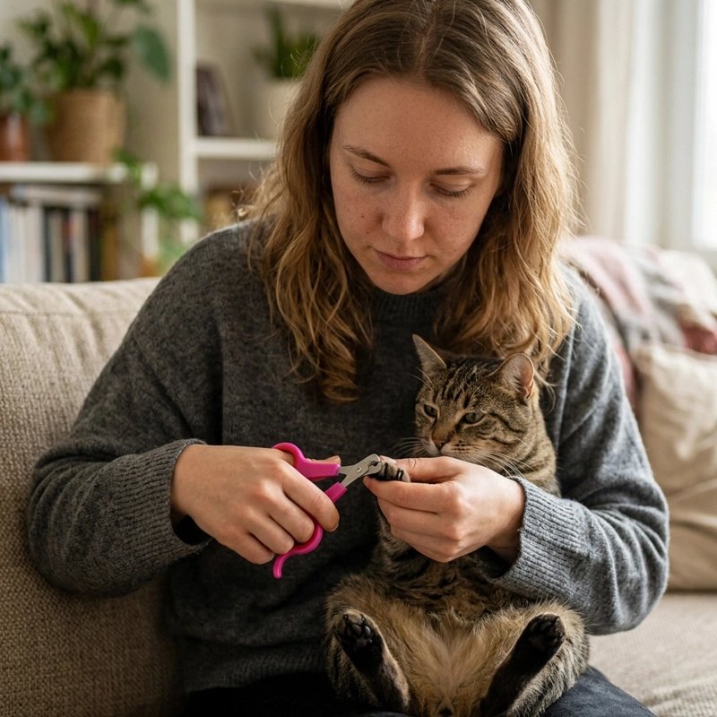 Coupe griffe Chat rose chat se fait couper les griffes sur les genoux de son maître 