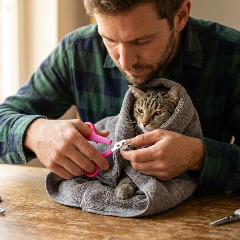 Coupe griffe Chat rose chat se fait couper les griffes dans une couverture 
