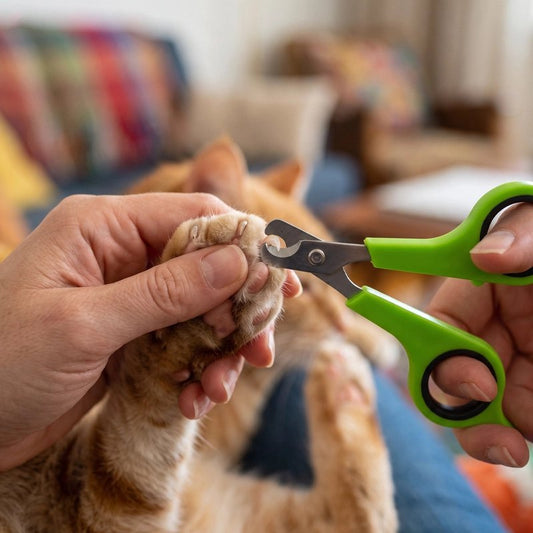 Coupe griffe Chat vert qui coupe les griffes d'un chat roux 