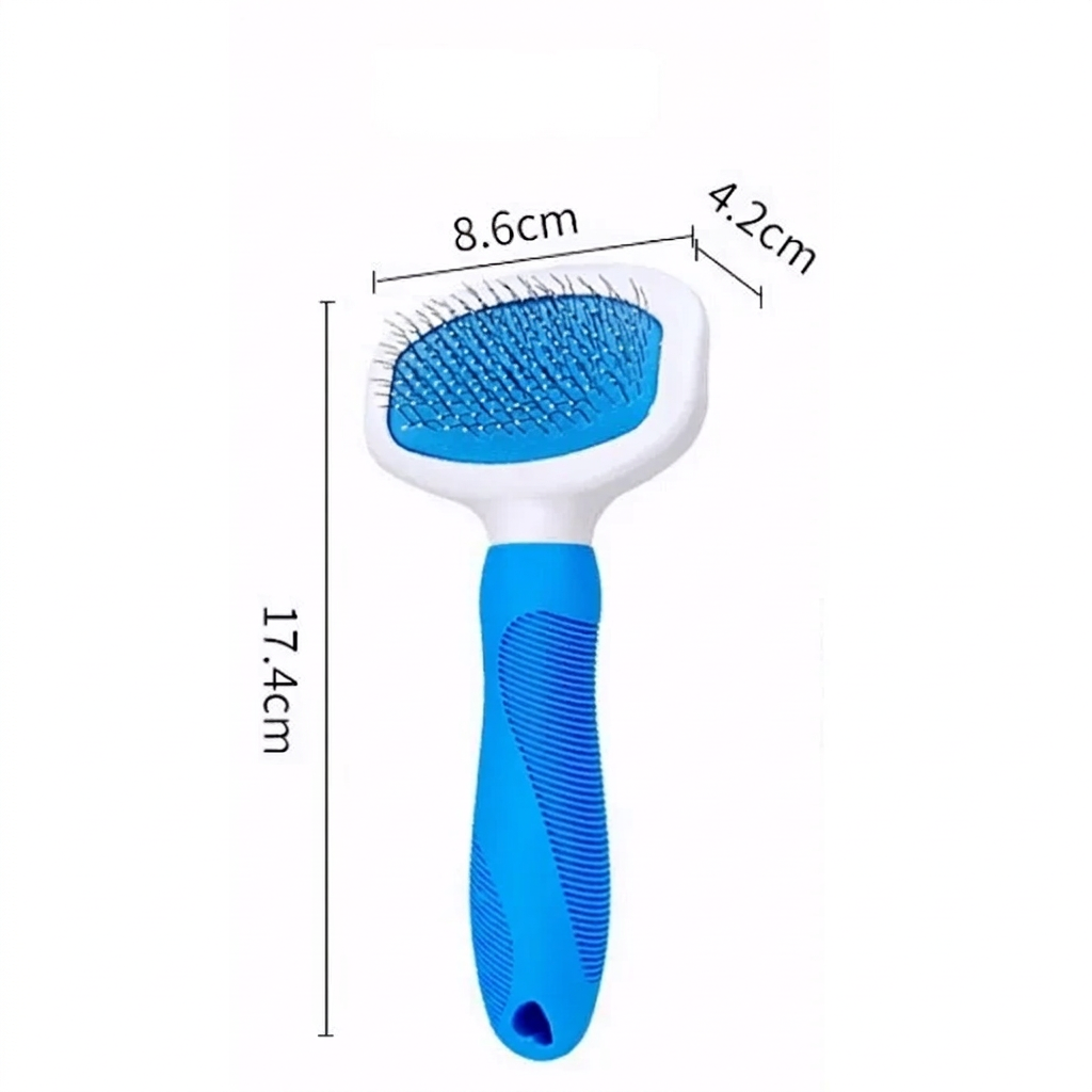 Brosse pour chat bleue et blanche, petit modèle de 17,4 × 8,6 × 4,2 cm.
