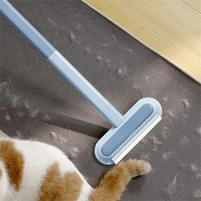Brosse anti-poils à long manche sur un canapé foncé couvert de poils, à côté d’un chat blanc et roux